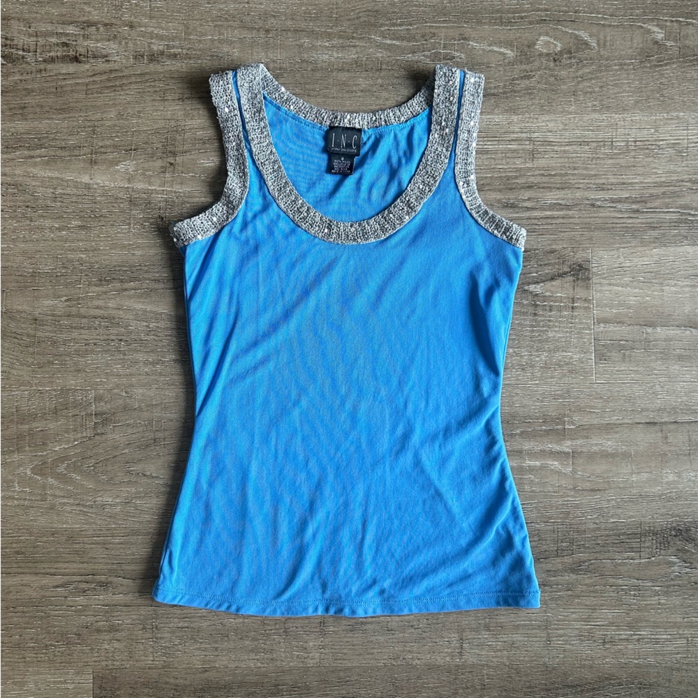 Vintage Y2K Sequin Top INC Blue Mesh Tank Top with Silver Sequins Knit Trim